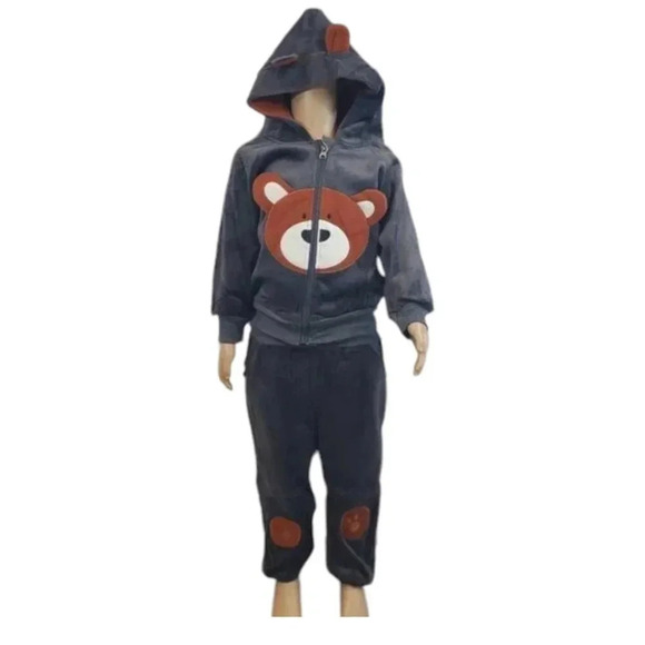 2T Toddler Grey Teddy Bear 2 piece Hoodie and Pants Velvet Outfit Set - Picture 1 of 14